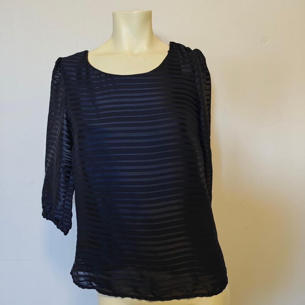 HM Womens Sheer Striped Puff Sleeve Blouse Navy Black Officewear Size S 4